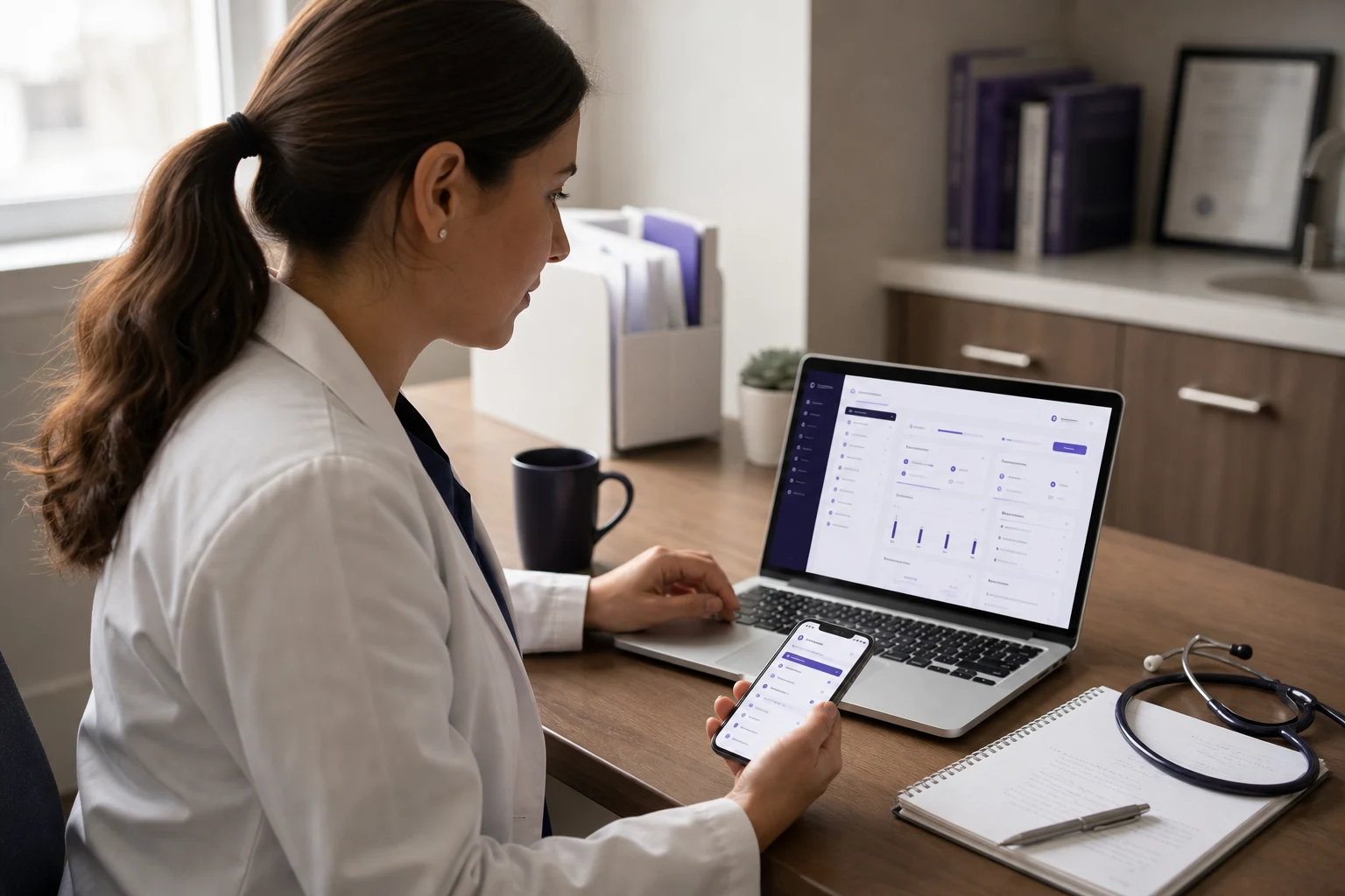 A clinician using the product across a laptop and a phone