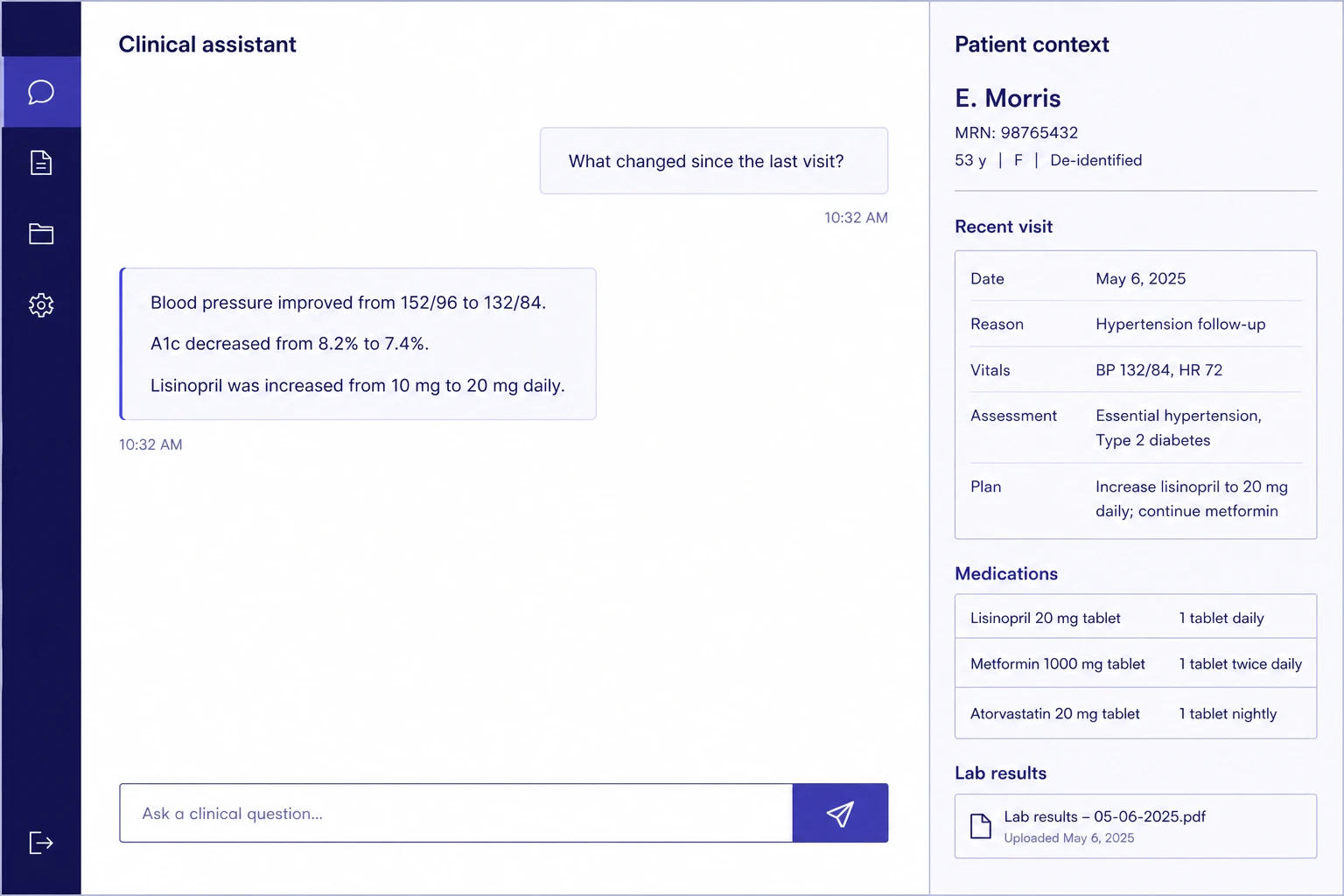 A chat conversation with patient context attached alongside the messages