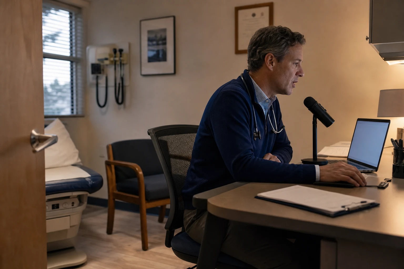 A clinician narrating a note after a visit, with no patient present