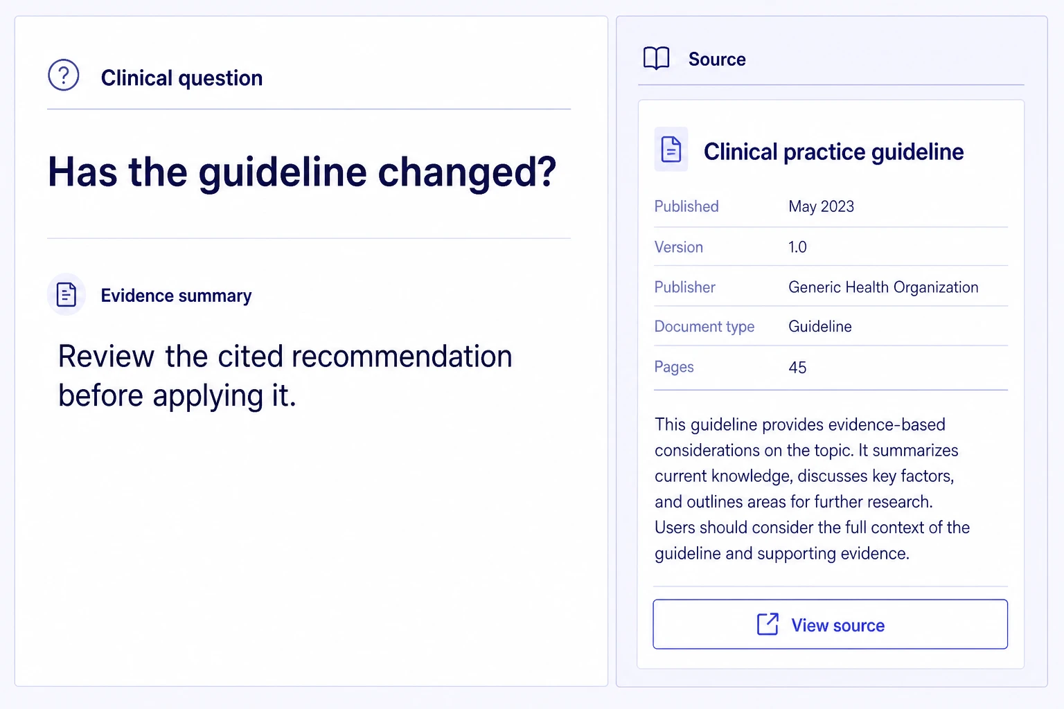 An AI answer to a clinical question with the source citation shown beside it