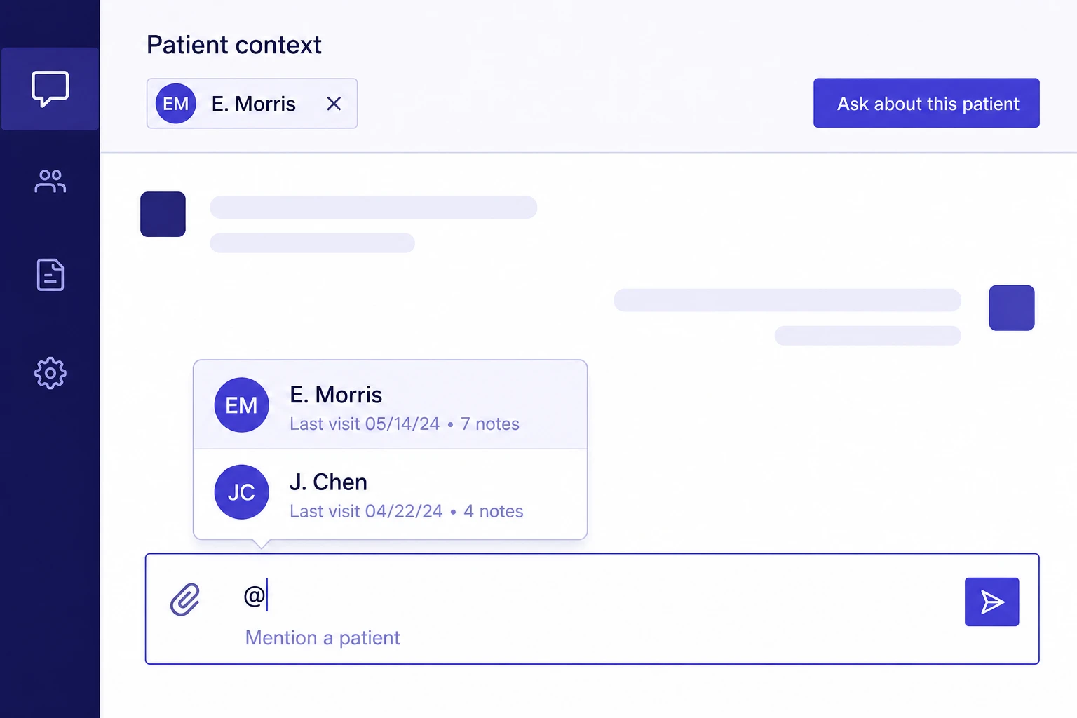 A chat conversation showing a patient mentioned with @ to attach their context